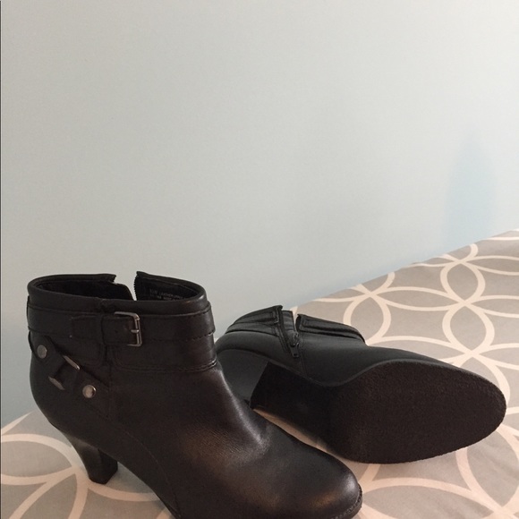 Black Leather Buckle Heeled Booties - Picture 2 of 4